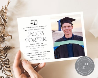 Law School Graduation Party Invitation Template, Law School Grad Photo Party Invite Printable, 5x7, Corjl Editable Instant Download GRI-002