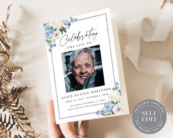 Blue Floral Funeral Program Template: Editable Corjl Printable (5x7, 5.5x8.5, A4)