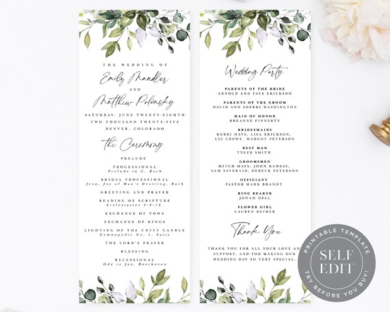 Greenery Printable Wedding Program Template Boho Simple | Etsy