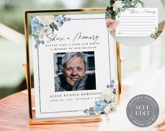 Funeral Share a Memory Sign Template, Blue Floral Memorial Service Memory Card Printable, 8x10, 3.5x5, Corjl Editable Download, FUR-002