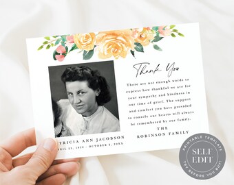 Funeral Thank You Card Template, Yellow Flowers Memorial Service Thank You Card Printable, 5x7 4x6, Corjl Editable Instant Download, FUR-003