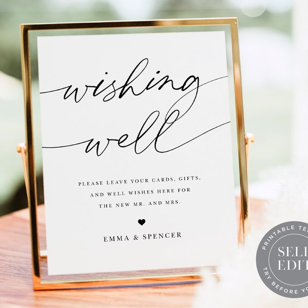 Well Wishes Wedding Sign Template, Wishing Well Wedding, Minimalist Cash Gift Sign, 8x10, 5x7, 4x6, Corjl Editable Instant Download SGN-012