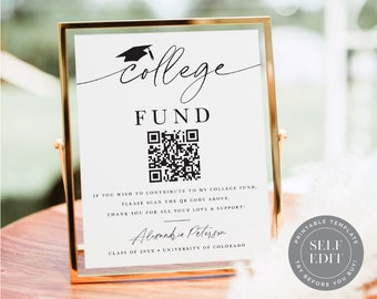 Graduation College Fund QR Code Sign Template, High School Graduation College Fund Table Sign Printable, 5x7 or 8x10 Corjl Editable Download