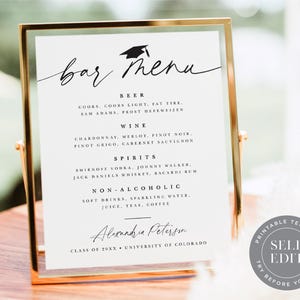 Abschluss Bar Menü Schild Vorlage, Abschluss Party Bar Menü Signature Getränke druckbares Schild, 5x7 oder 8x10, Corjl bearbeitbarer Sofort Download