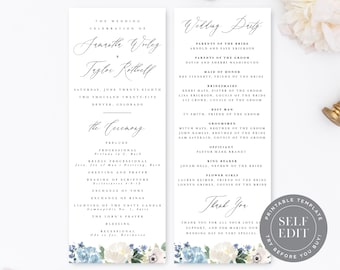 Floral Printable Wedding Program Template, Blue Floral Garden Wedding Ceremony Order of Service, Editable Instant Download, PRO-010
