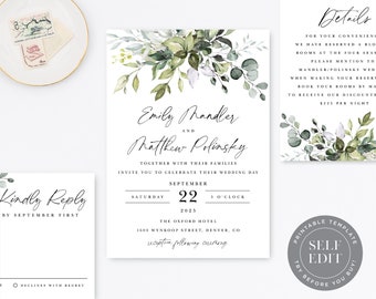 Greenery Wedding Invitation Printable Template Suite, Eucalyptus Wedding Invite, Boho Wedding Invite Editable Instant Download, INS-011