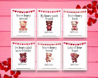 Bear-Themed Valentine's Day Cards for Kids - Mini Printable Cut-Outs for Classroom & Daycare - Digital Download