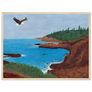 May include: A painting depicting a bald eagle soaring over a rugged coastline with a blue ocean. The eagle is positioned in the top left of the artwork, while the coastline occupies the bottom right. The ocean is a vibrant blue, and the rocks are a dark brown.