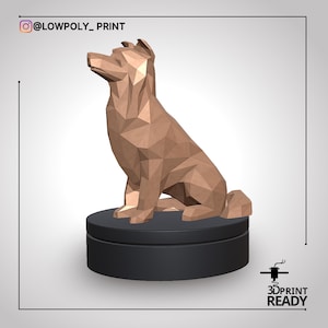 May include: A brown, geometric dog sculpture sitting on a black circular base. The dog is made of many triangular shapes, giving it a low-poly appearance. The image includes the text "3D PRINT READY" and the Instagram handle "@LOWPOLY_PRINT".