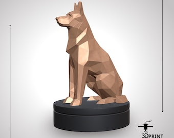 May include: A geometric, low-poly style dog sculpture in a seated position. The dog is a light brown color and sits atop a black, circular base. The image includes the text "@LOWPOLY_PRINT" and "3D PRINT READY".