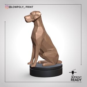May include: A geometric, brown dog sculpture sitting on a black base. The dog is made of many flat, triangular surfaces. The text "@LOWPOLY_PRINT" is in the upper left corner, and "3D PRINT READY" is in the lower right corner.