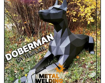 Metal doberman dog,polygonal metal welding pattern,doberman dog handmade in metal,doberman dog metal sculpture PDF DXF,lowpoly doberman dog
