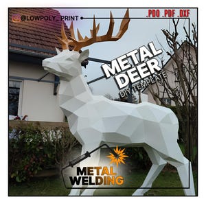 May include: A large, white geometric metal deer sculpture with brown antlers. The image includes text that reads "METAL DEER DIY TEMPLATE" and "METAL WELDING". The sculpture is outdoors, with a house and trees in the background.
