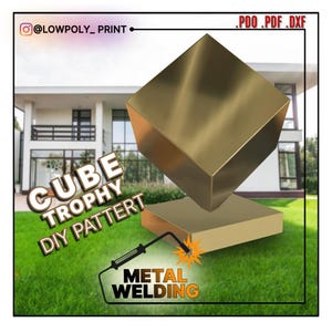 May include: A golden cube trophy design with the text "CUBE TROPHY DIY PATTERT" and "METAL WELDING". The image features a house in the background and the Instagram handle "@LOWPOLY_PRINT".