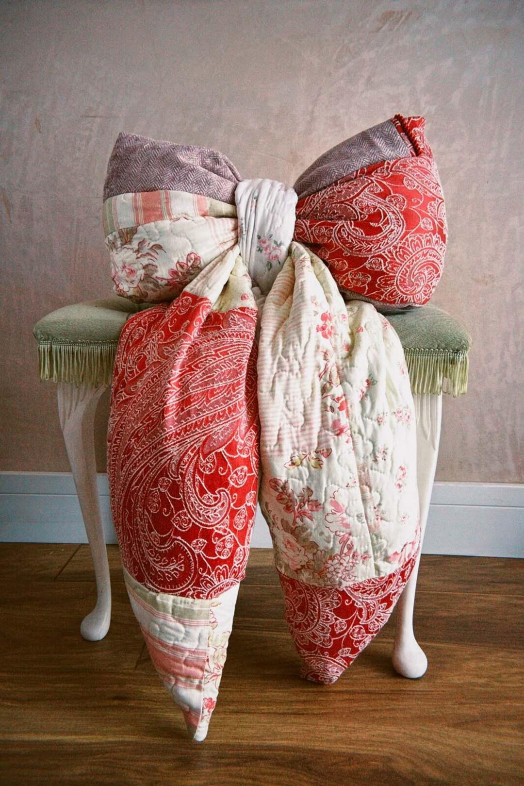 Oversized Pink Patchwork Bow Pillow - Handmade, Upcycled, One of a Kind ...
