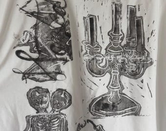 Hand Printed Tank Top, Coquette Grunge Goth Skeleton Print Shirt