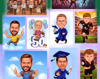 Custom Caricature Portrait, Personalized Cartoon Drawing, Tailored Background