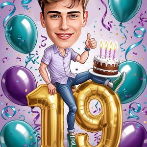 Caricature d'anniversaire de garçon 19e / Faire-part 19e anniversaire / Carte 19e anniversaire / Décoration de gâteau 19e anniversaire / Faire-part 19e anniversaire, Gifthim