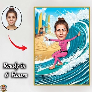 Portrait de femme surfeuse en dessin animé | Cadeau surfeur | Caricature de surfeur personnalisée | Caricature de surfeur à partir de la photo | cadeau pour surfeur | Portrait de surfeur