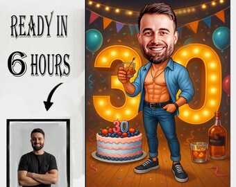 Ritratto caricaturale personalizzato, per festeggiare il 18° compleanno (immagine digitale)
