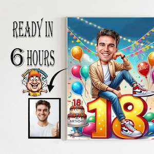 Caricatura regalo per il 18° compleanno Illustrazione personalizzata unica Celebrazione di un traguardo Divertente e memorabile Ricordo può essere creato per qualsiasi età