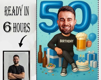 Illustrazione digitale per un divertente caricaturale per il 50° compleanno, con boccale di birra, torta e altri regali (immagine digitale).