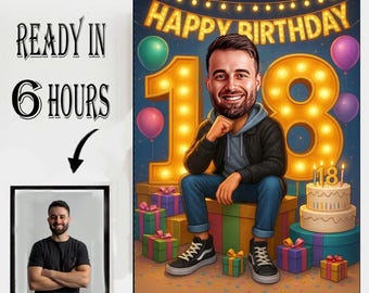 Caricatura per il 18° compleanno, illustrazione personalizzata per festeggiare, numeri luminosi su insegna.