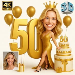 Könnte beinhalten: Cartoon-Illustration zum 50. Geburtstag. Das Bild zeigt eine Frau in einem goldenen Kleid, eine goldene Krone und eine große goldene "50" mit Luftballons. Ein dreistöckiger Kuchen mit "50" Kerzen und eine Geschenkbox sind ebenfalls vorhanden.