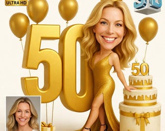 Regina d'oro per il 50° compleanno - Celebrazione con caricatura 3D con palloncini e torta