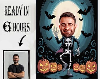 Caricatura personalizzata di uno scheletro di Halloween: ritratto di cartone animato personalizzato (file digitale)