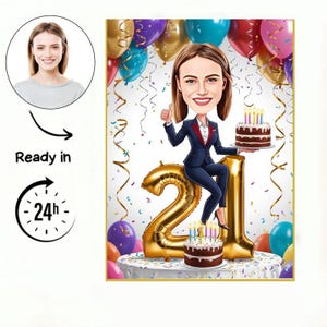 1 girl Birthday caricature /21th Birthday Invitation /21th Birthday card /21th Birthday cake topper /21th Birthday Invitation, gift