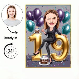 19 girl Birthday caricature /19th Birthday Invitation /19th Birthday card / 19th Birthday cake topper /19th Birthday Invitation, gift