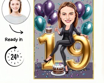19th Birthday Girl Caricature: Custom Invitation, Card, or Cake Topper