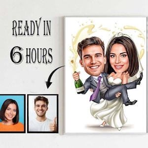 K&ouml;nnte beinhalten: Karikatur einer Hochzeitsfeier. Der Br&auml;utigam tr&auml;gt die Braut, eine Champagnerflasche wird ge&ouml;ffnet. Der Text "READY IN 6 HOURS" ist ebenfalls zu sehen.