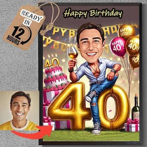 Caricatura personalizada de 40 cumpleaños a partir de fotos, regalo de retrato de dibujos animados de feliz cumpleaños, feliz 40 cumpleaños, caricatura a partir de foto