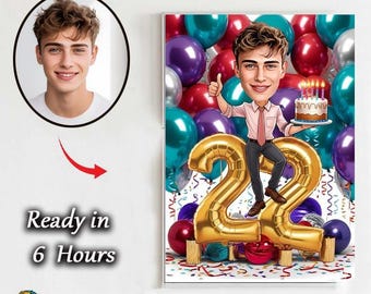 Invito con caricatura per il 22° compleanno: ritratto personalizzato di un ragazzo