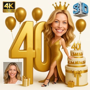 Op de afbeelding: Een gouden 40e verjaardagstaart met kaarsen en een gouden kroon. Een vrouw in een gouden jurk staat naast de taart. De achtergrond is versierd met gouden ballonnen.