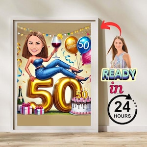Gepersonaliseerde karikatuur 50e verjaardag van foto's, gelukkige verjaardag cartoon portret cadeau, gelukkige 50e verjaardag, karikatuur van foto