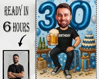 Caricatura personalizzata per il 30° compleanno per lui, ritratto personalizzato
