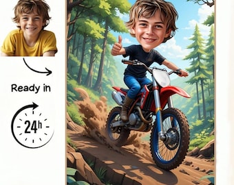 Portrait dessin animé motocross personnalisé : cadeau caricature personnalisé