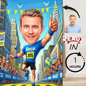 Regalos personalizados para corredores de maratón, caricatura de corredor, dibujo de caricatura, regalo de caricatura para corredor, velocista, correr