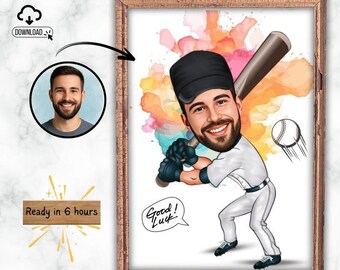 Custom Baseball Player Caricature Portrait: Personalized Sports Gift