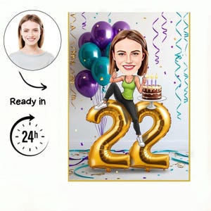 22 girl Birthday caricature /22th Birthday Invitation /22th Birthday card /22th Birthday cake topper /22th Birthday Invitation, gift
