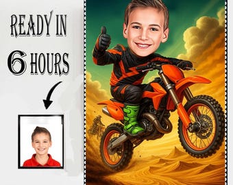 Portrait dessin animé motocross personnalisé : cadeau caricature personnalisé