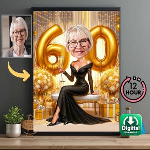 Personalisierte 60er Jahre Cartoon Portrait, benutzerdefinierte alles Gute zum Geburtstag Karikatur Zeichnung, lustige Karikatur, Geschenk für sie, glücklich 40er 50er, 60er 70er, 60er