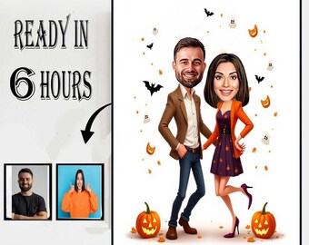 Affascinante coppia di Halloween vestita per una notte spettrale con zucche, fantasmi, pipistrelli e foglie autunnali