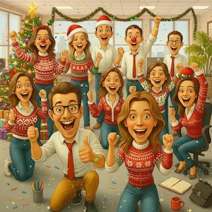Puede incluir: Una escena festiva de oficina con gente celebrando la Navidad. Llevan jerséis rojos y blancos estampados, gorros de Papá Noel y algunos tienen narices rojas. Se ve un árbol de Navidad decorado y guirnaldas. El confeti está esparcido por el suelo.