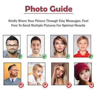 K&ouml;nnte beinhalten: Bild mit der &Uuml;berschrift "Foto-Leitfaden" mit Text, der dazu auffordert, Bilder &uuml;ber Etsy-Nachrichten zu teilen, um optimale Ergebnisse zu erzielen. Enth&auml;lt Beispielfotos mit gr&uuml;nen H&auml;kchen und roten Verbotszeichen.