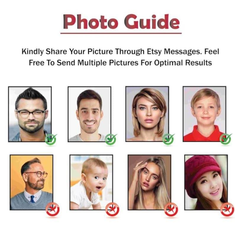 K&ouml;nnte beinhalten: Bild mit der &Uuml;berschrift "Foto-Leitfaden" mit Text, der dazu auffordert, Bilder &uuml;ber Etsy-Nachrichten zu teilen, um optimale Ergebnisse zu erzielen. Enth&auml;lt Beispielfotos mit gr&uuml;nen H&auml;kchen und roten Verbotszeichen.