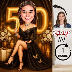 Retrato de caricatura personalizado de 50 años / Caricatura de 50 años / Dibujo de caricatura de feliz cumpleaños personalizado / Caricatura de 50 años, Caricatura de cumpleaños